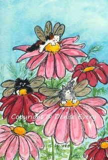 Maine Coon Kitty Fairy Black Calico Tabby Red Pink Daisies Cat Art 