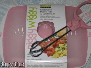   WIGGY PINK MICROWAVE BACON TRAY SPLATTER LID + PIG TONGS COOKING GIFT