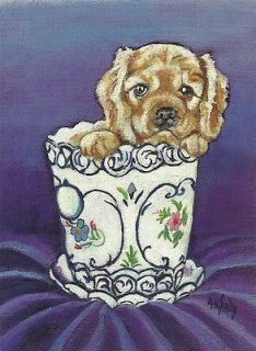 Ruby Puppy in cup Cavalier King Charles Spaniel, blank note card