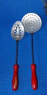 Vintage Antique Playhouse Kitchen utensils 2 slotted red wood handle 