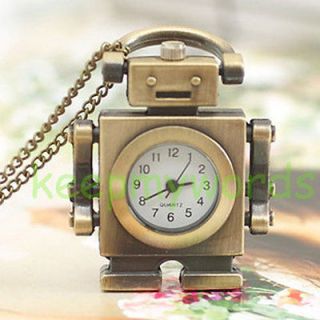 Bronze Tone Robot Necklace Pendant Clock Pocket Watch & Free Gift Box 