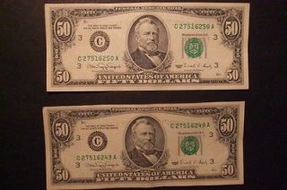 LOT 2 1990 $50 FIFTY DOLLAR BILLS, FEDERAL RESERVE NOTES, PHIL 