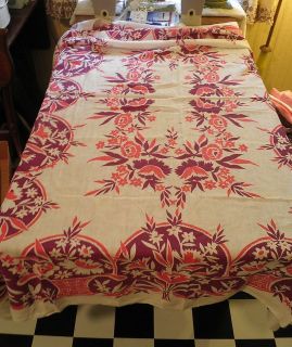 Pretty Vintage Linen Table Cloth Dark Purple and Pink Floral Flower 
