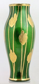 LARGE LEGRAS VASE Green with Gold glitter glass Enamel gold Water lily 