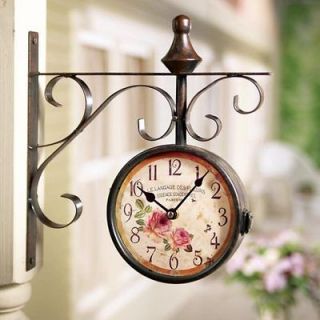Wall Hanging Metal Clock With Thermometer Antique Look Rose Patio Yard 
