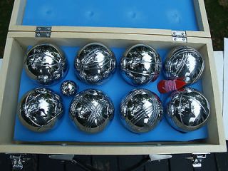 BEAUTIFUL SET OF 8 HIGH QUALITY CHROME BOCCE BALLS IN WOOD BOX 