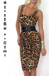 LEOPARD PRINT KNEE LENGTH FITTED WIGGLE PENCIL PIN UP SCOOP TOP TANK 