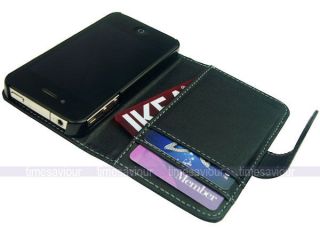Black Leather Case Cover for iPhone 4S 4 with Inner Card Slot Wallet