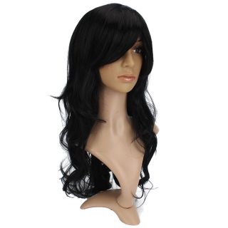   Womens Wigs Curly Side Bang 27.6 inch Long Cosplay Hair Wig Black