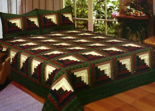 King Green Log Cabin Quilt Set Includes 2 Shams 105x95 100% Cotton