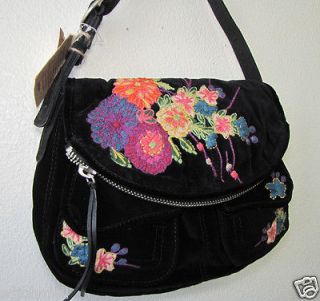 Lucky Brand Stash Velvet Embroidered handbag bag purse Black NWT