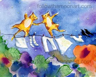 Tabby Kitty Cats Dancing on Clothes Line Laundry Crows Poppies Gilcee 