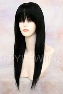 100% Human Hair Long Flat Straight w/ Bangs Jet Black Wig ABH7 1