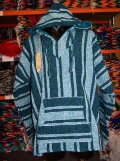 MEXICAN BAJA SURFER PONCHO HOODIE SMALL TURQUOISE + WHITE WITH 