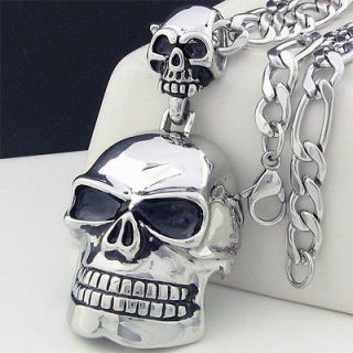 Silver Skull Big Heavy Biker Stainless Steel Men Pendant Necklace 