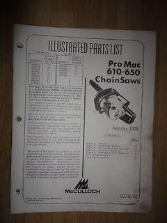 Vintage McCulloch Pro Mac 610/650 Chainsaw Illustrated Parts List 1978