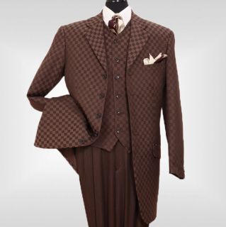 Mens 3 piece 5 button High Fashion Zoot Suit with Vest Cheker Brown 
