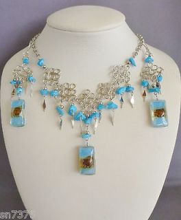 Turquoise blue fused glass necklace earrings set Peruvian alpaca 
