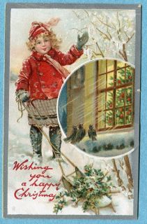   Brundage postcard, Girl with sled, House, Tree, Christmas overprin