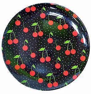 Sourpuss Cherries Melamine Plate Red Cherries on Black Plate w/Stars 