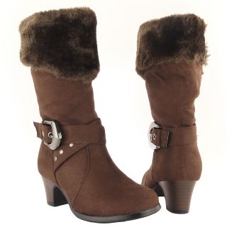Girls Mid Calf High Heel Faux Fur Collar Suede Brown Boots Kids shoes 