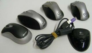 LOT OF 4 ASSORTED MICROSOFT WIRELESS MICE AND ONE LOGITECH RECEIVER
