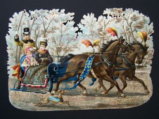 Large Victorian Scrap Die Cut with Mica Horse Drawn Sleigh Snowride 