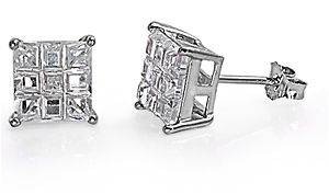 Silver Earrings Sterling White Princess Cut Invisible Setting Pierced 