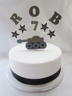 PERSONALISED ARMY TANK & STARS BIRTHDAY CAKE TOPPER TOPPER DECORATION