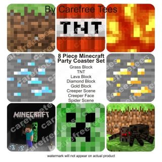 Minecraft 8pc Party Coaster Set, Creeper, Grass, Diamond, TNT, Lava 