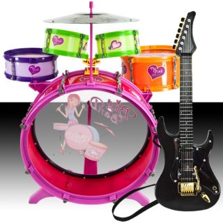 Kid Drum Set & Black Electric Guitar Toy Musical Instrument Playset 