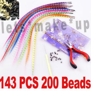 143 pcs ★ GRIZZLY Synthetic Feather Hair Extensions+plier + 200 