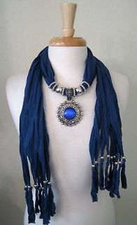 Navy Jewelry Scarf Necklace w Blue Sphere Pendant & Charms