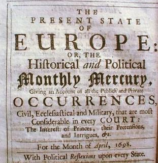 Rare 1695 LONDON newspaper THE MONTHLY MERCURY 300+ years old ORIGINAL 