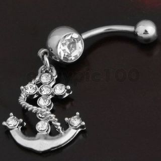 316L Steel Crystal Anchor Dangle Navel Belly Button Ring Bar 1.8