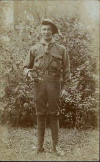 Boy Scout Young Man/Boy in Uniform w/ Bugle c1910 Real Photo Postcard