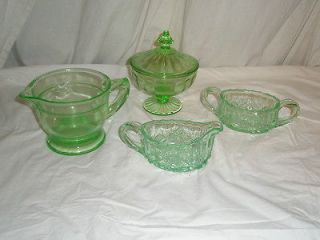 VINTAGE PIECES OF GREEN DEPRESSION GLASS, CREAM AND SUGAR MEASURING 
