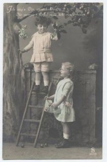 Cute Kids Picking Apples on Ladder Tinted Photo Vintage Postcard