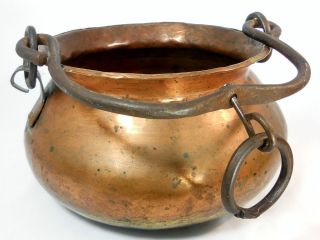 Very Rustic Antique Hand Hammered Forged Copper Cauldron with Iron 