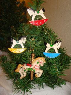   Rocking Horse Christmas Ornaments (3) & Porcelain Carousel Horse (1