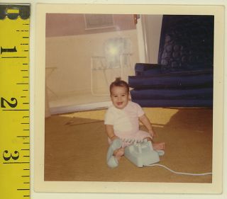 VINTAGE 60s Square PHOTO Of TODDLER BABY w/ Rotary Telephone & Blue 