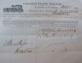 Canadian Pacific Railway Freight Bill 1891 St. Stephen, N.B Stn. to 