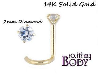 14k SOLID GOLD NOSE STUD GENUINE 2mm DIAMOND SCREW 20g