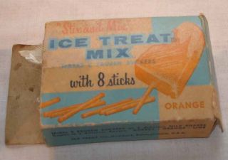 VINTAGE ICE TREAT MIX & STICKS ADVERTISING BOX FULL OF WOODEN STICKS