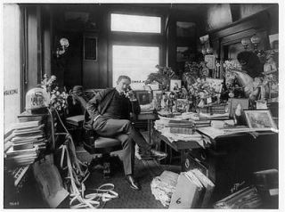  William Lawson,telephone,alongside ticker tape machine,offices,c1904