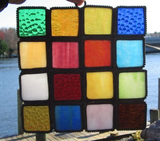 Vintage Stained Glass Panel Multi Colored Squares In Copper Beautiful