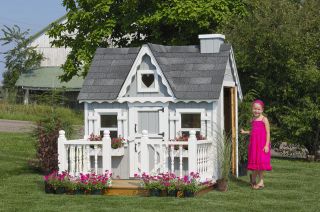   Wooden Playhouse with Floor, Porch, Rail, Chimney Little Cottage