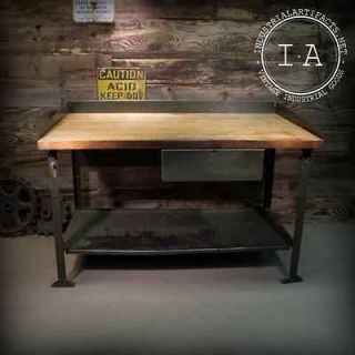 Vintage Industrial Work Bench Table w/ Butcher Block Top Kitchen 