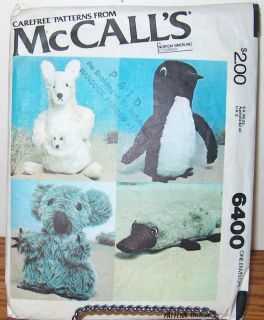 Vtg Pattern McCalls 6400 Stuffed Animals Penguin Kangaroo Koala 