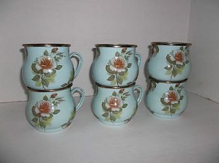 MAC KENZIE CHILDS ENAMELWARE MUGS BLUE WITH FLORALS, LOT OF 6 RETIRED 